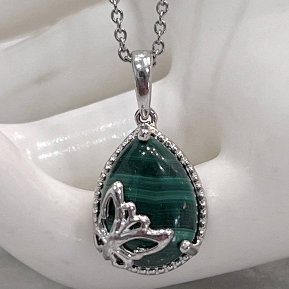 Malachite Teardrop Butterfly Pendant Necklace